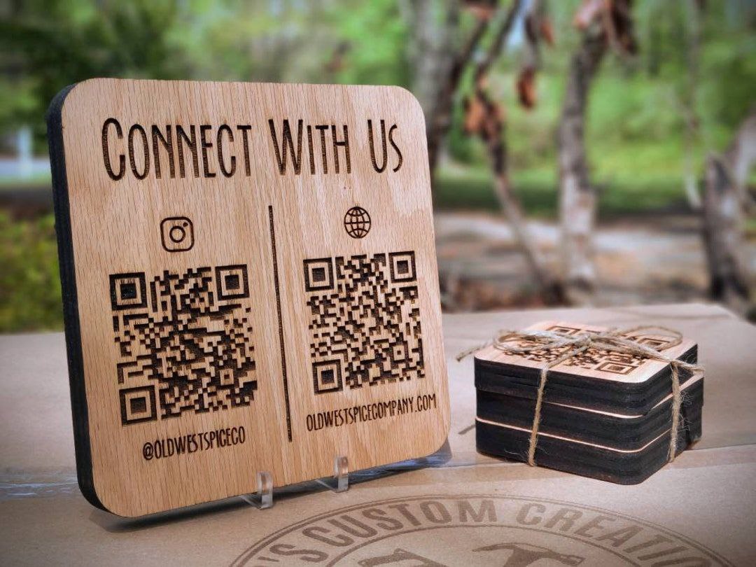 Laser engraved wooden QR code business sign for social media links